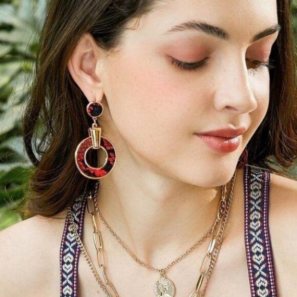 Gold-Tone PU Leather Circle Drop Earring - Picture 2 of 7